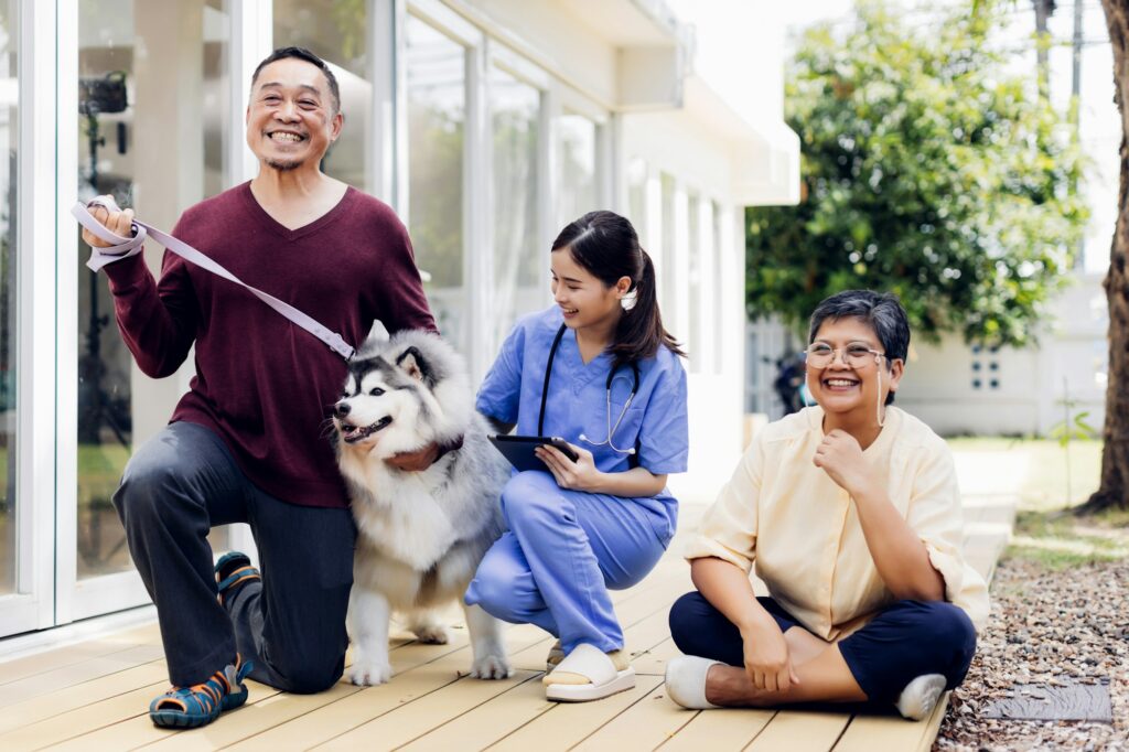 Caregiver nurse take care a Senior patient outside home. Nurse helping senior people